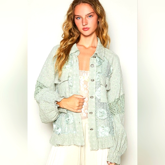 POL Eyelet Flower Pearl Detail Lace Patchwork Shirt In Sage Green